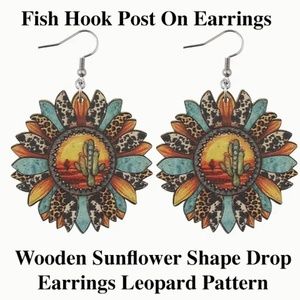 Colorful Wooden Sunflower Shape Pendant Drop Earrings Leopard Pattern - NWT